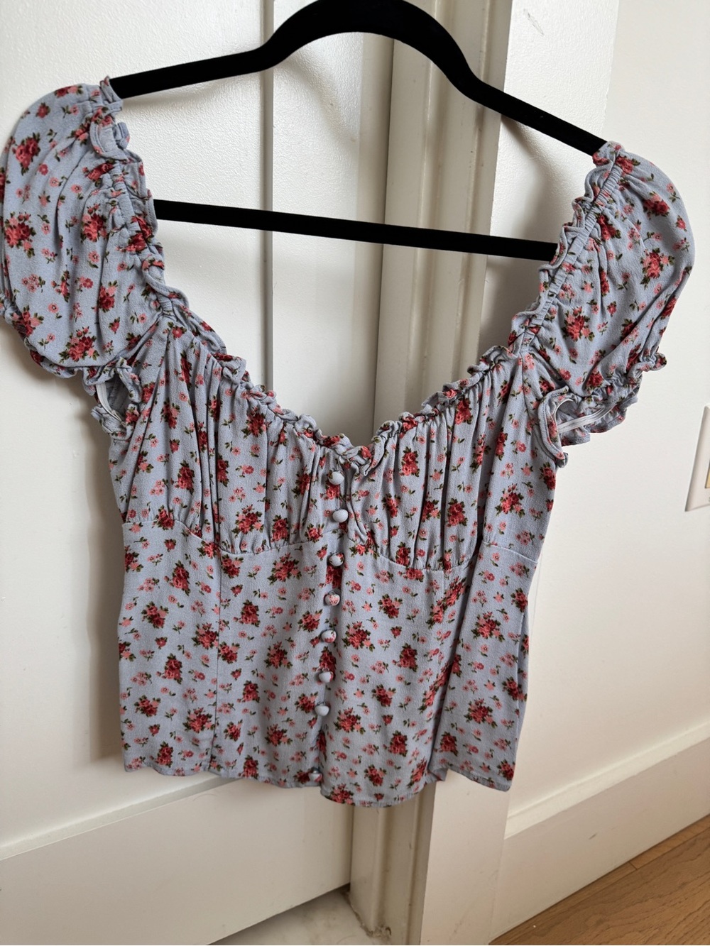 Reformation Light Blue Floral Button-Front Puff Sleeve Top
